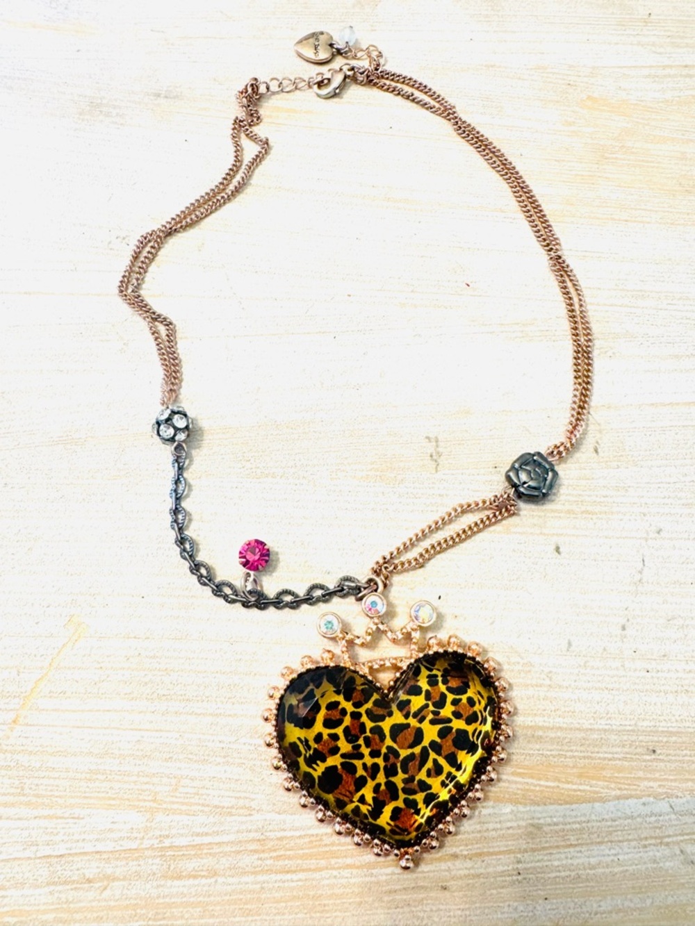 Vintage Betsy Johnson Leopard Heart Pendant Necklace - Rose Gold Chain